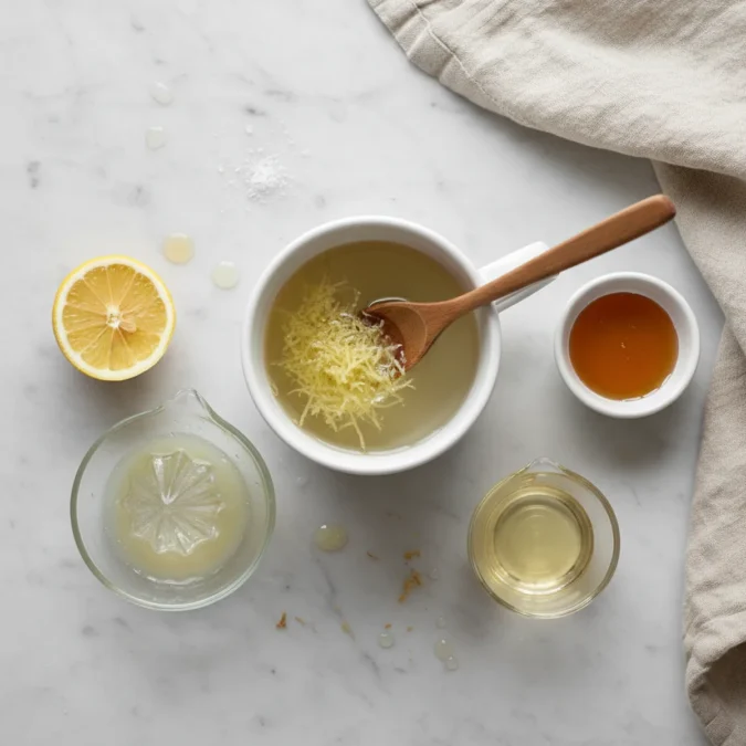 Grated ginger steeping in warm water in a white mug, with lemon and honey nearby.