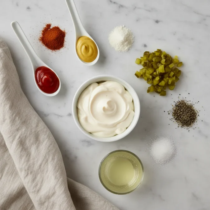 Mayonnaise, chopped dill pickles, and spices for burger sauce on a marble surface.