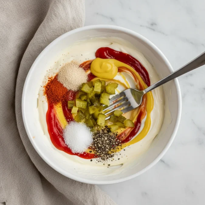 Fork mixing mayonnaise, ketchup, and spices in a white bowl.