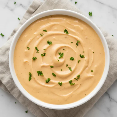 Finished Cajun Cream Sauce in a white bowl, garnished with fresh chopped parsley.