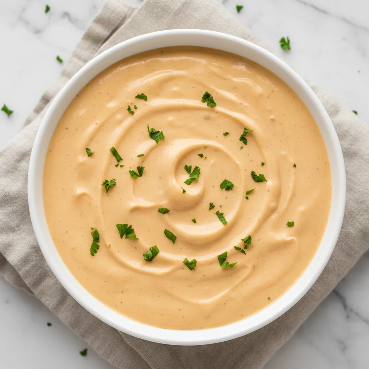 Finished Cajun Cream Sauce in a white bowl, garnished with fresh chopped parsley.