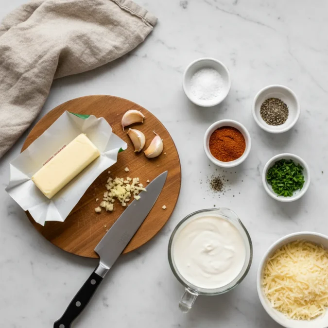 Ingredients for Cajun Cream Sauce including minced garlic, heavy cream, and grated Parmesan cheese.