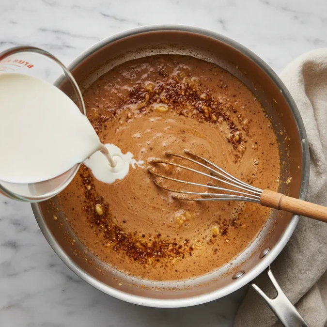Heavy cream being whisked into simmering Cajun seasoning and garlic in a saucepan.