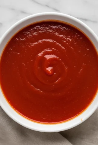 Finished vibrant red buffalo wing sauce in a plain white ceramic serving bowl.
