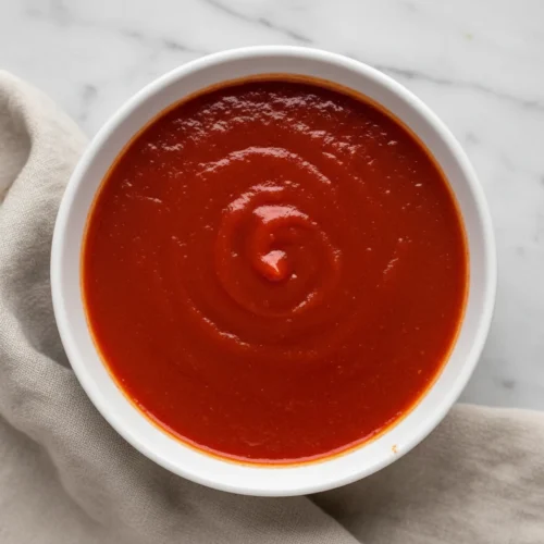 Finished vibrant red buffalo wing sauce in a plain white ceramic serving bowl.