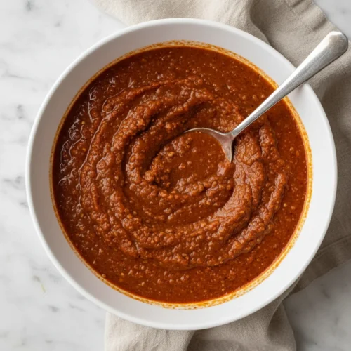 Thick, rich Detroit-style Coney Sauce in a white ceramic bowl.