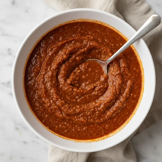 Homepage 1 Thick, rich Detroit-style Coney Sauce in a white ceramic bowl.