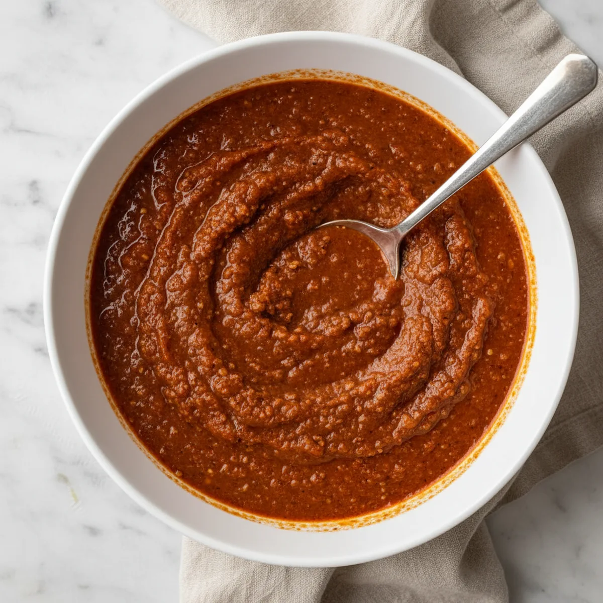 Thick, rich Detroit-style Coney Sauce in a white ceramic bowl.