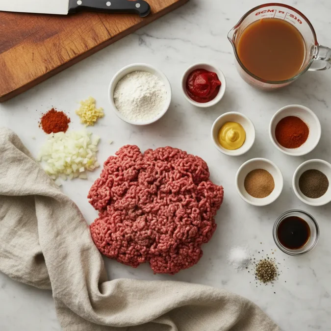 Ground beef, diced onion, and spices for Coney Sauce on a marble surface.
