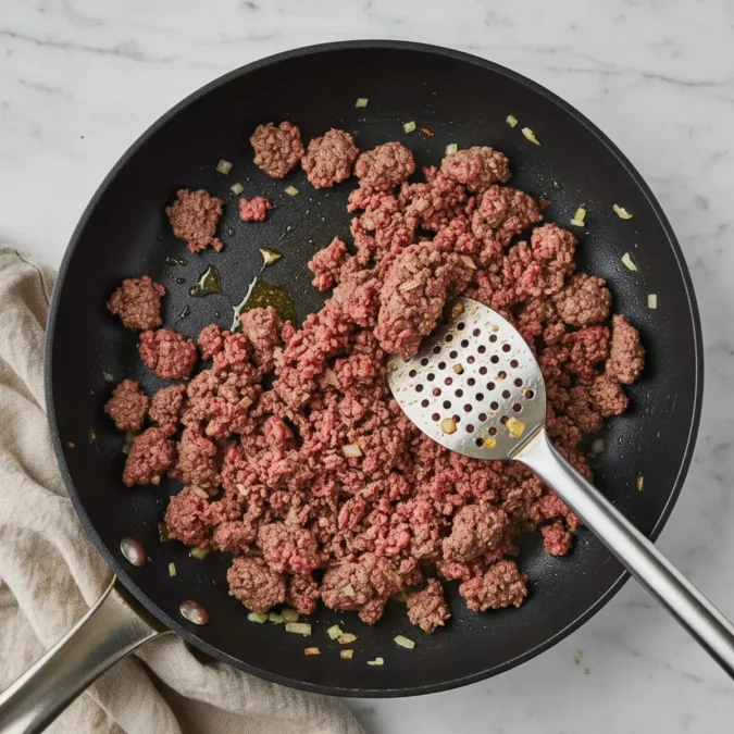 Ground beef and diced onion cooking in a skillet with a potato masher.