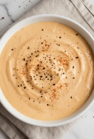 Finished creamy Cajun sauce in a white ceramic bowl, garnished with seasoning and pepper.