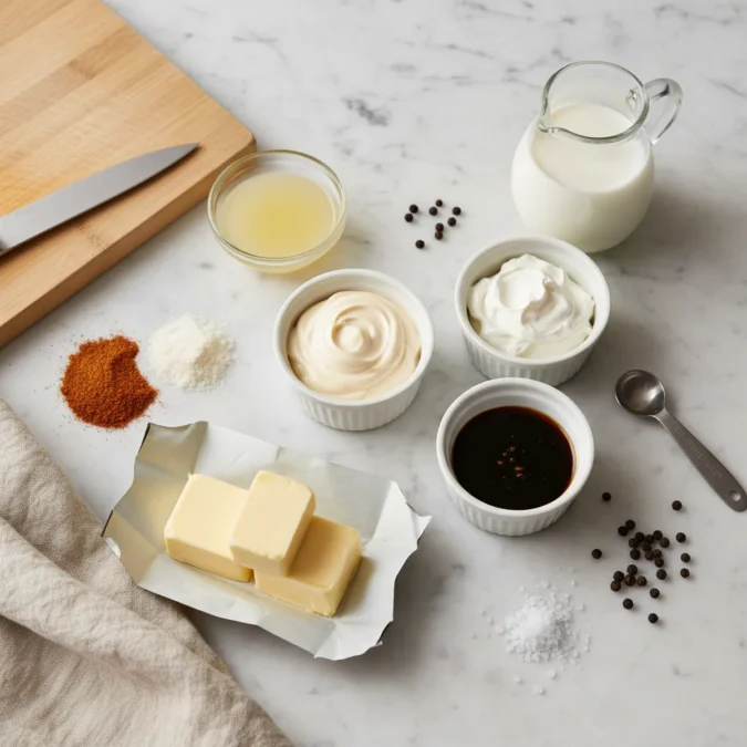 Ingredients for Cajun sauce: mayonnaise, sour cream, Cajun seasoning, and butter.