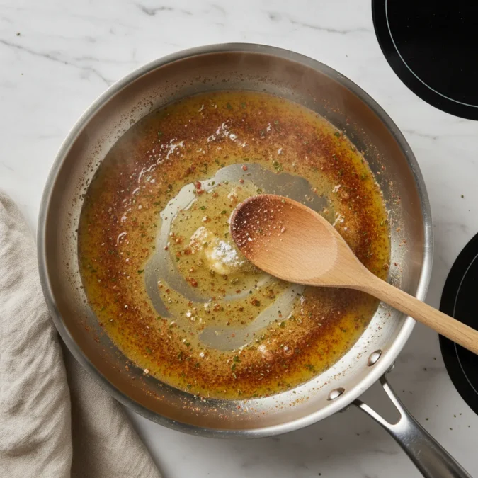 Cajun seasoning and garlic powder sizzling in melted butter in a silver skillet.