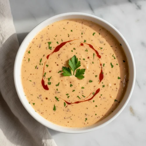Finished creamy Cajun seafood sauce garnished with fresh parsley in a white ceramic bowl.