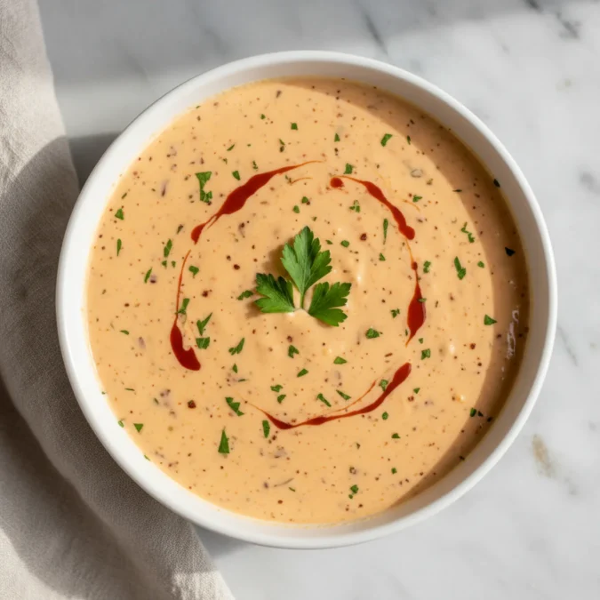 Homepage 1 Finished creamy Cajun seafood sauce garnished with fresh parsley in a white ceramic bowl.
