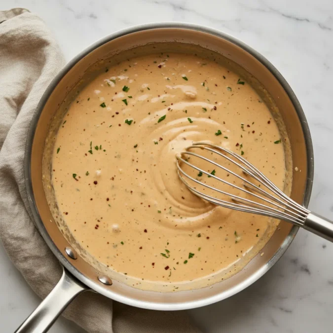 Creamy, pale orange Cajun seafood sauce simmering in a stainless steel skillet with a whisk.