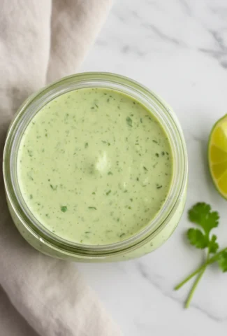 Finished creamy cilantro lime sauce in a plain glass jar, garnished with a lime wedge and cilantro sprig.