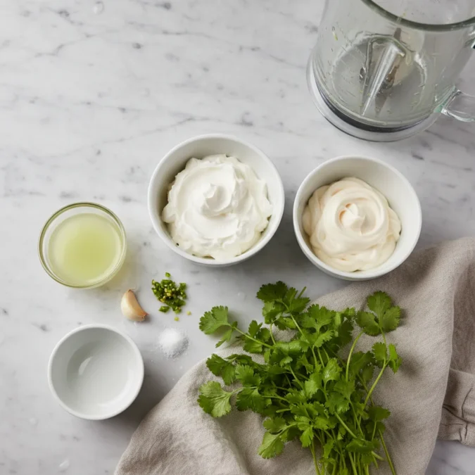 Ingredients for creamy cilantro lime sauce: sour cream, mayonnaise, fresh cilantro, lime juice, garlic, jalapeño, and salt on a marble surface.
