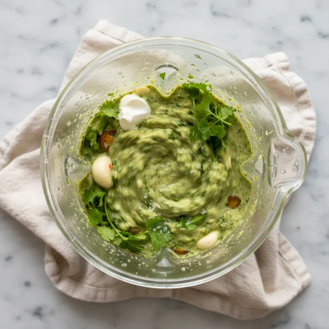 Ingredients for creamy cilantro lime sauce actively blending in a clear blender jar.