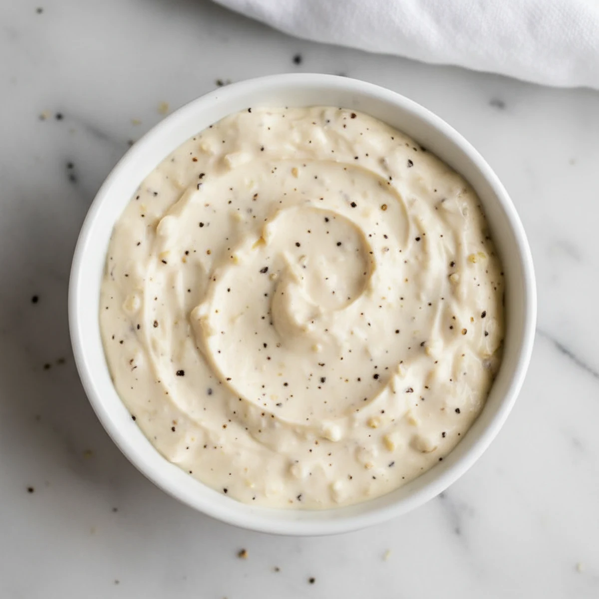 Creamy horseradish sauce in a plain white ceramic bowl.