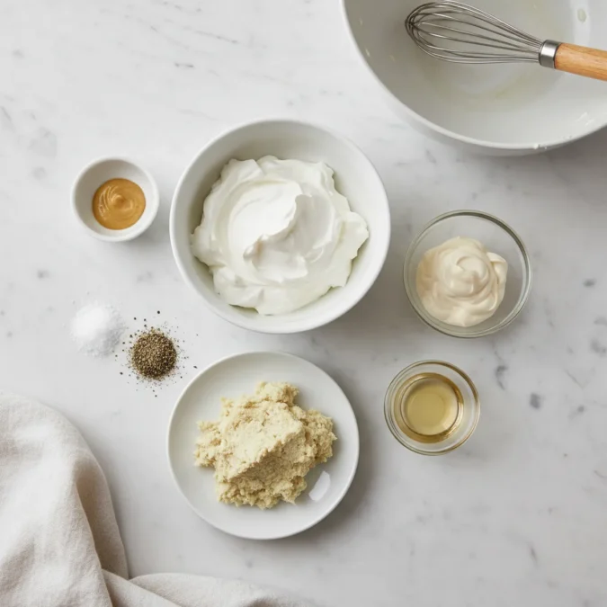 Ingredients for horseradish sauce: sour cream, mayonnaise, and horseradish in plain bowls.