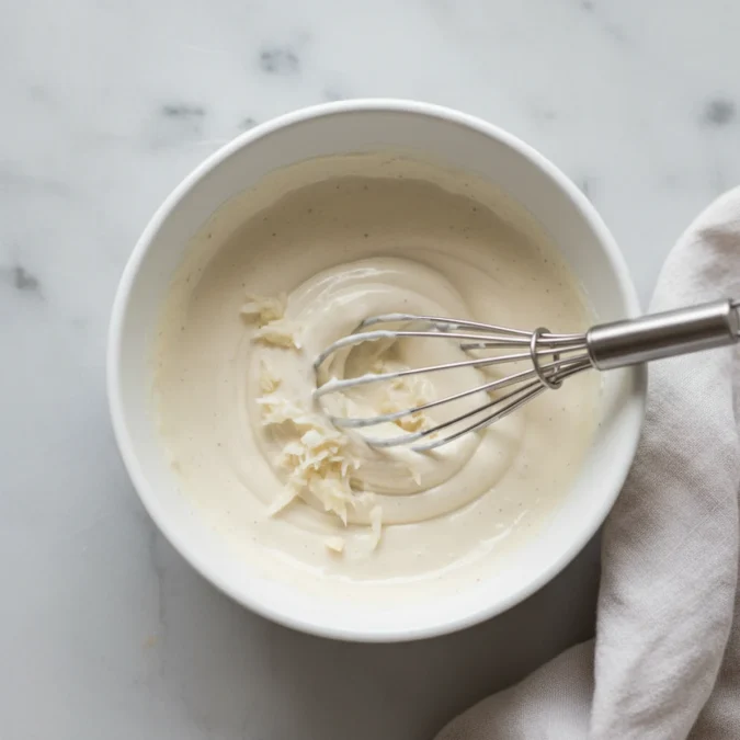 Whisking sour cream and mayonnaise in a white bowl for horseradish sauce.