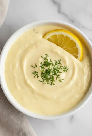 Finished creamy lemon garlic salmon sauce in a white ceramic bowl, garnished with fresh dill and a lemon slice.