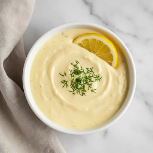 Homepage 13 Finished creamy lemon garlic salmon sauce in a white ceramic bowl, garnished with fresh dill and a lemon slice.