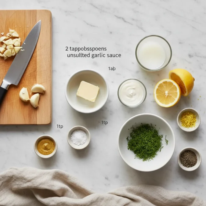 Ingredients for creamy lemon garlic salmon sauce: butter, minced garlic, fresh lemon, and fresh dill on a marble surface.