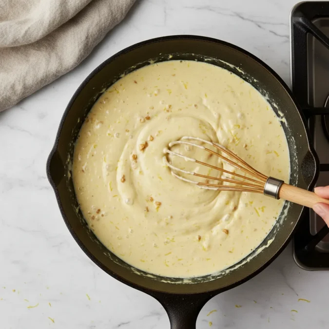 Creamy lemon garlic salmon sauce gently simmering in a dark skillet with a wooden whisk.