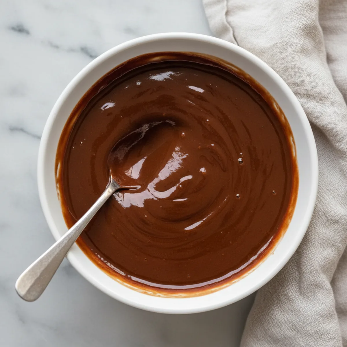 Finished homemade chocolate sauce in a white ceramic bowl.