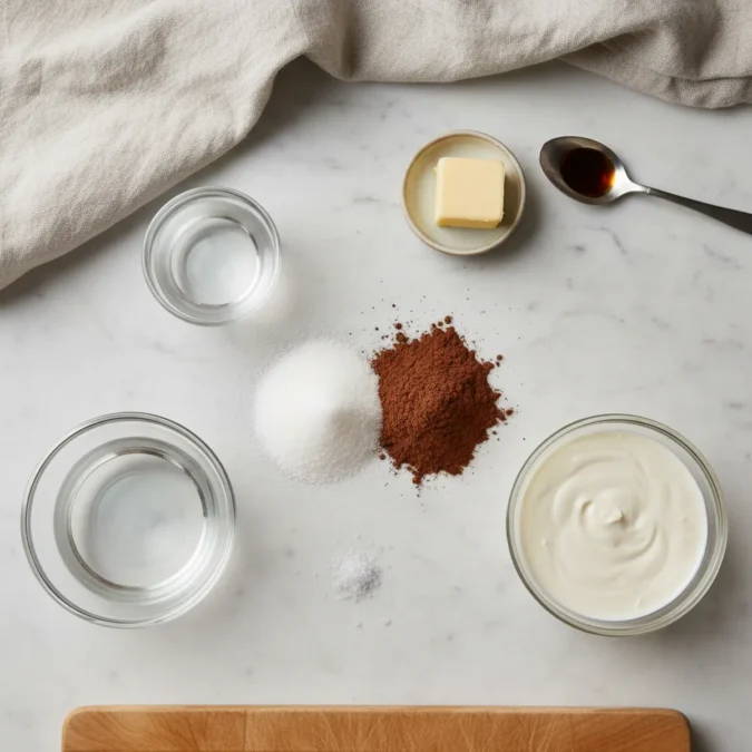 Chocolate sauce ingredients: sugar, cocoa, cream, butter, vanilla.