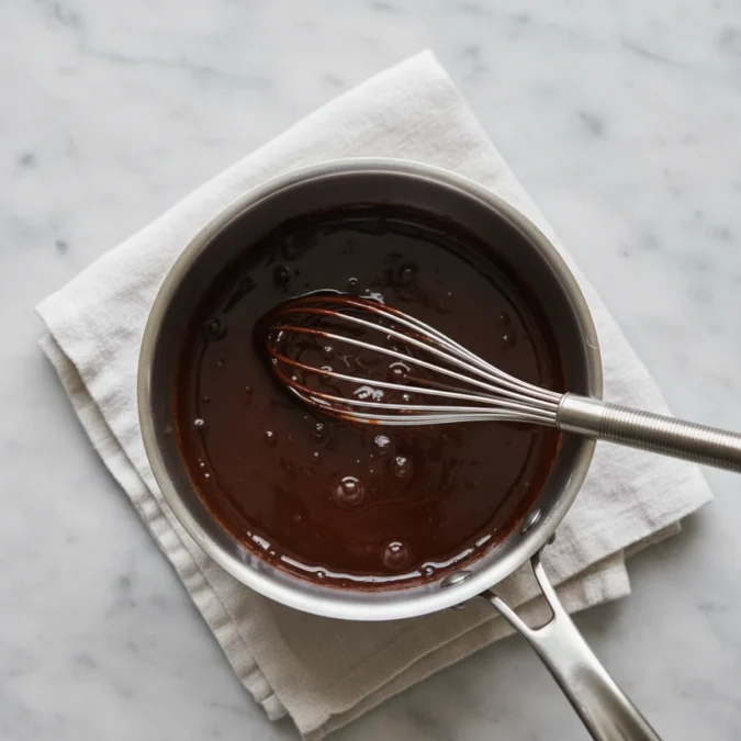 Chocolate sauce simmering in a saucepan with a whisk.
