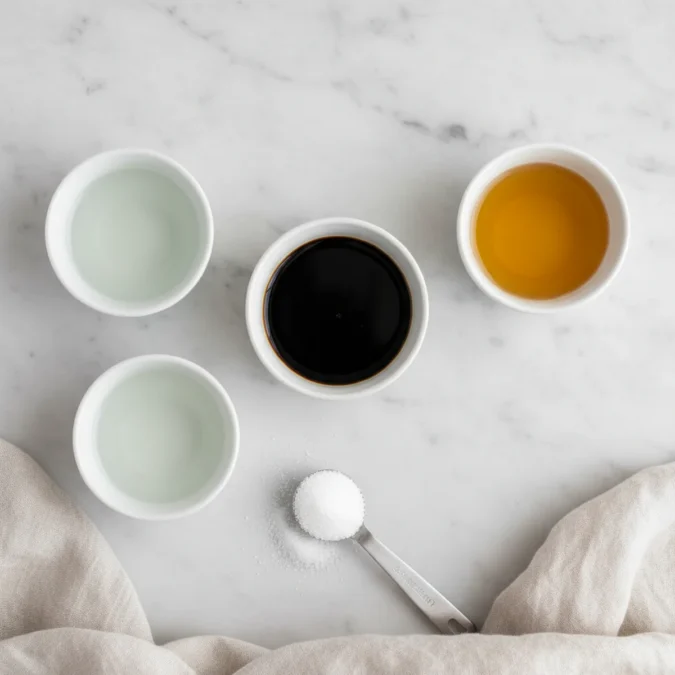 Soy sauce, mirin, sake, and white sugar in plain bowls for eel sauce preparation.