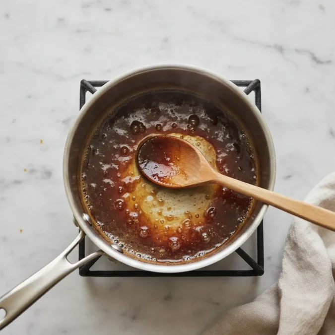 Eel sauce simmering in a small silver saucepan with a wooden spoon.