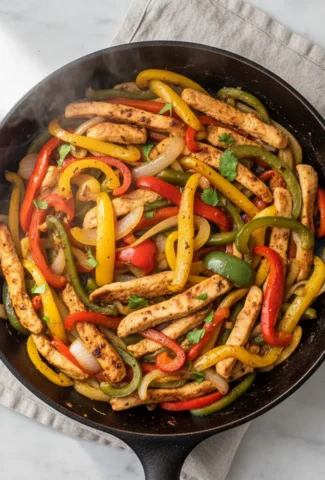 Sizzling chicken and colorful bell pepper fajitas in a black cast iron skillet.