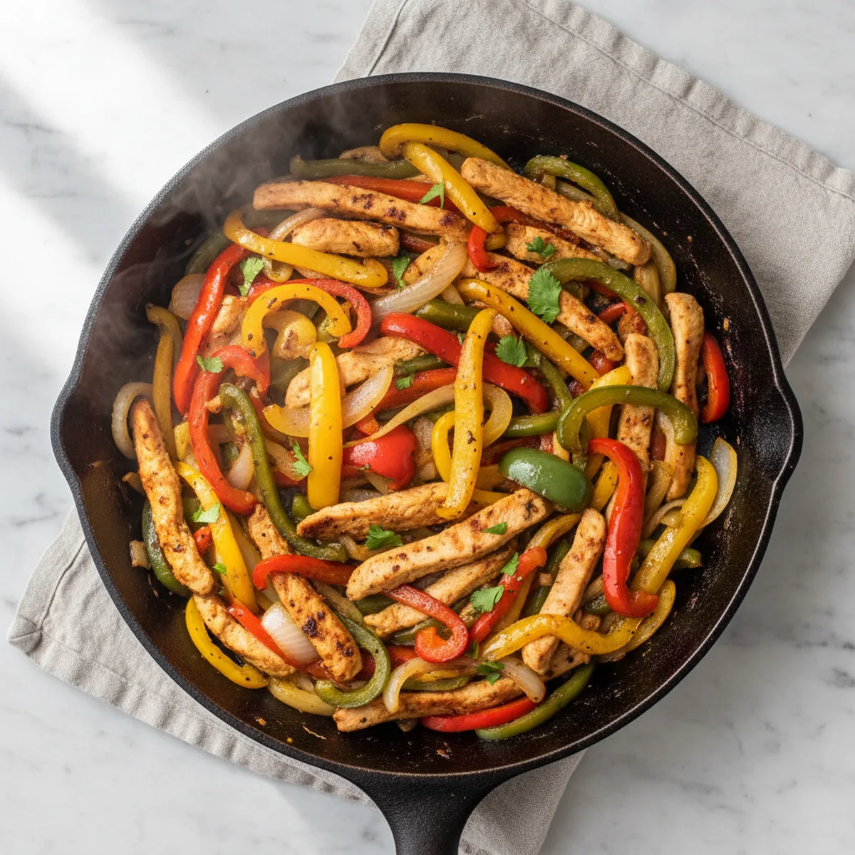 Fajita Sauce Recipe That Tastes Like the Restaurant 4 Sizzling chicken and colorful bell pepper fajitas in a black cast iron skillet.