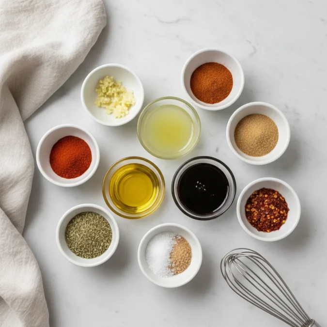 Fajita Sauce Recipe That Tastes Like the Restaurant 2 Fajita sauce ingredients including olive oil, lime juice, and various spices in small bowls, with a whisk.