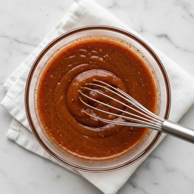 Fajita Sauce Recipe That Tastes Like the Restaurant 3 Fajita sauce being whisked in a clear glass bowl, showing combined spices and oil.