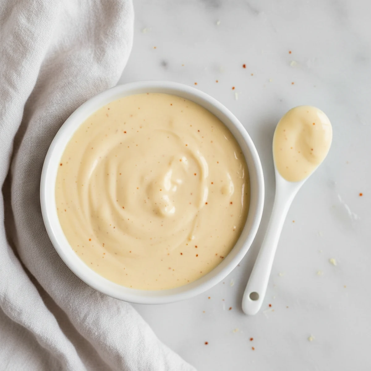 Finished creamy fish taco sauce in a small, plain white ceramic serving bowl with a spoon, showing its smooth texture and reddish flecks.
