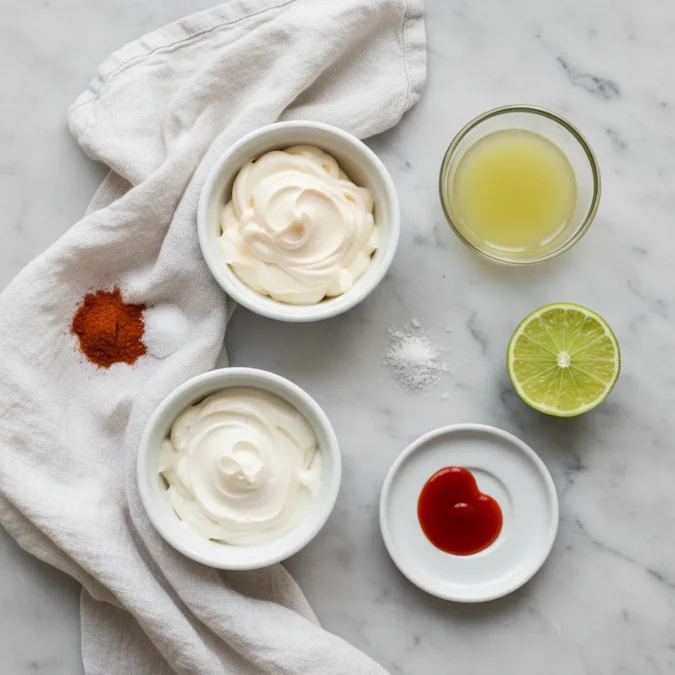 Ingredients for fish taco sauce: mayonnaise, sour cream, lime juice, chili powder, garlic powder, hot sauce, and salt, in plain white ramekins and dishes.