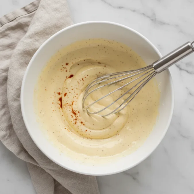 Creamy fish taco sauce being whisked in a plain white ceramic bowl with a silver whisk, showing the smooth texture and flecks of chili powder.