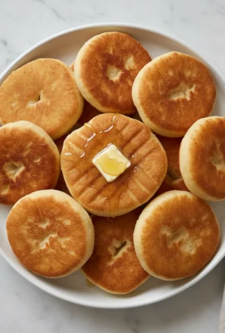 Golden brown frying saucers with butter and honey on a white plate.