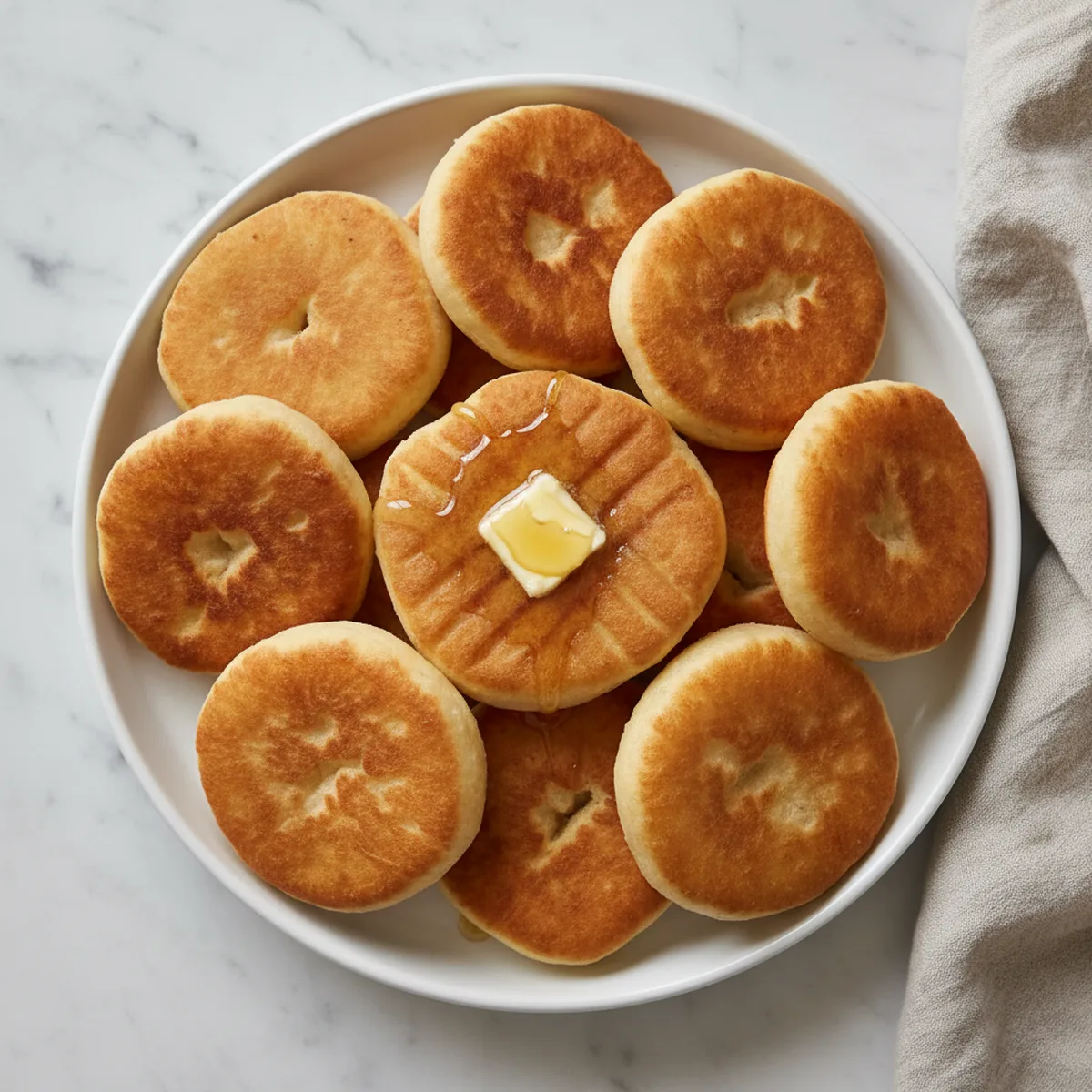 Golden brown frying saucers with butter and honey on a white plate.