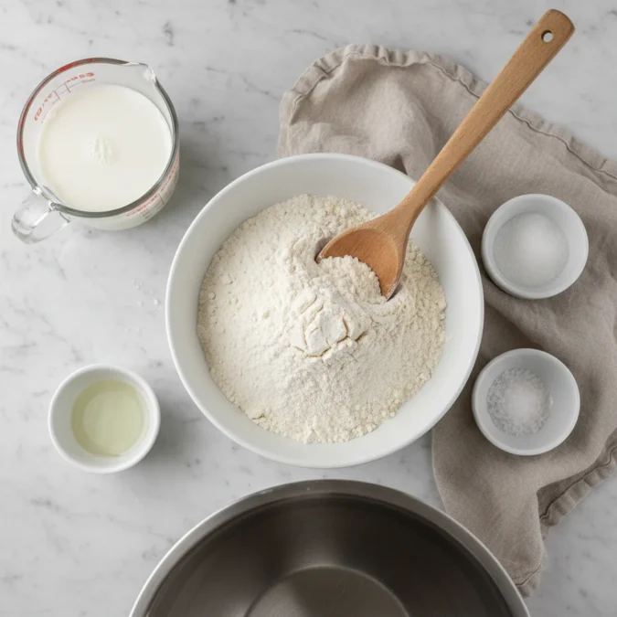 All-purpose flour, whole milk, and vegetable oil for frying saucers.