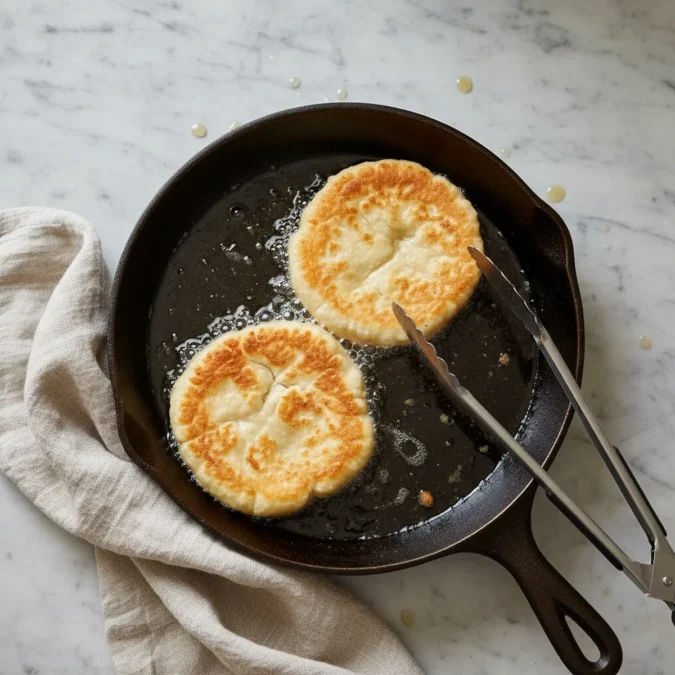 Dough rounds sizzling and puffing in hot oil in a cast iron skillet.