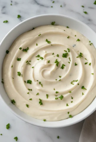 Finished garlic cream sauce in a white ceramic bowl, garnished with fresh parsley.