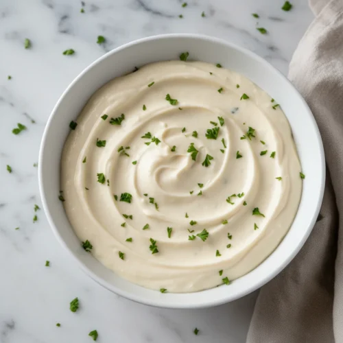 Finished garlic cream sauce in a white ceramic bowl, garnished with fresh parsley.
