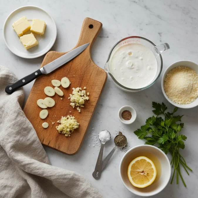Ingredients for garlic cream sauce: sliced garlic, grated Parmesan, and fresh parsley.