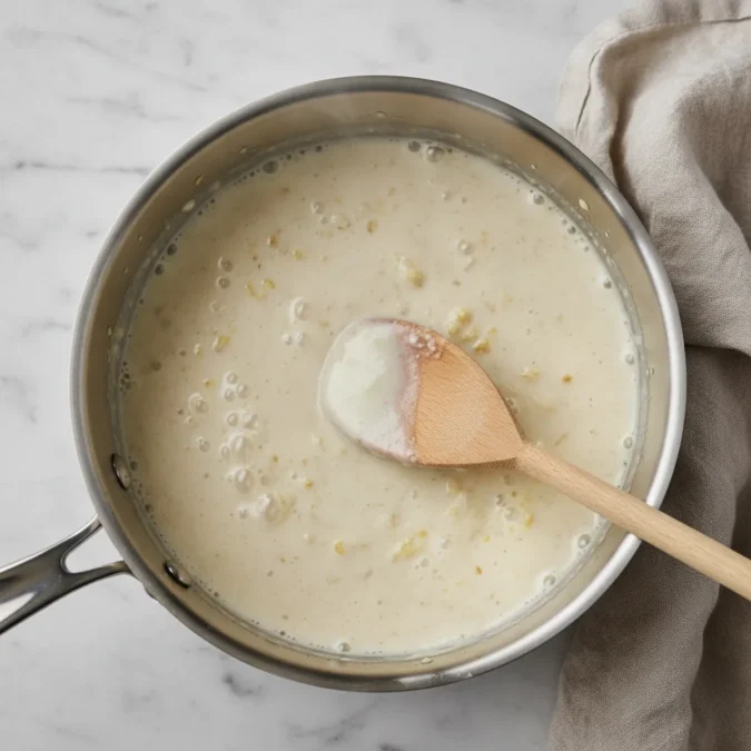 Garlic cream sauce simmering in a stainless steel saucepan with a wooden spoon.